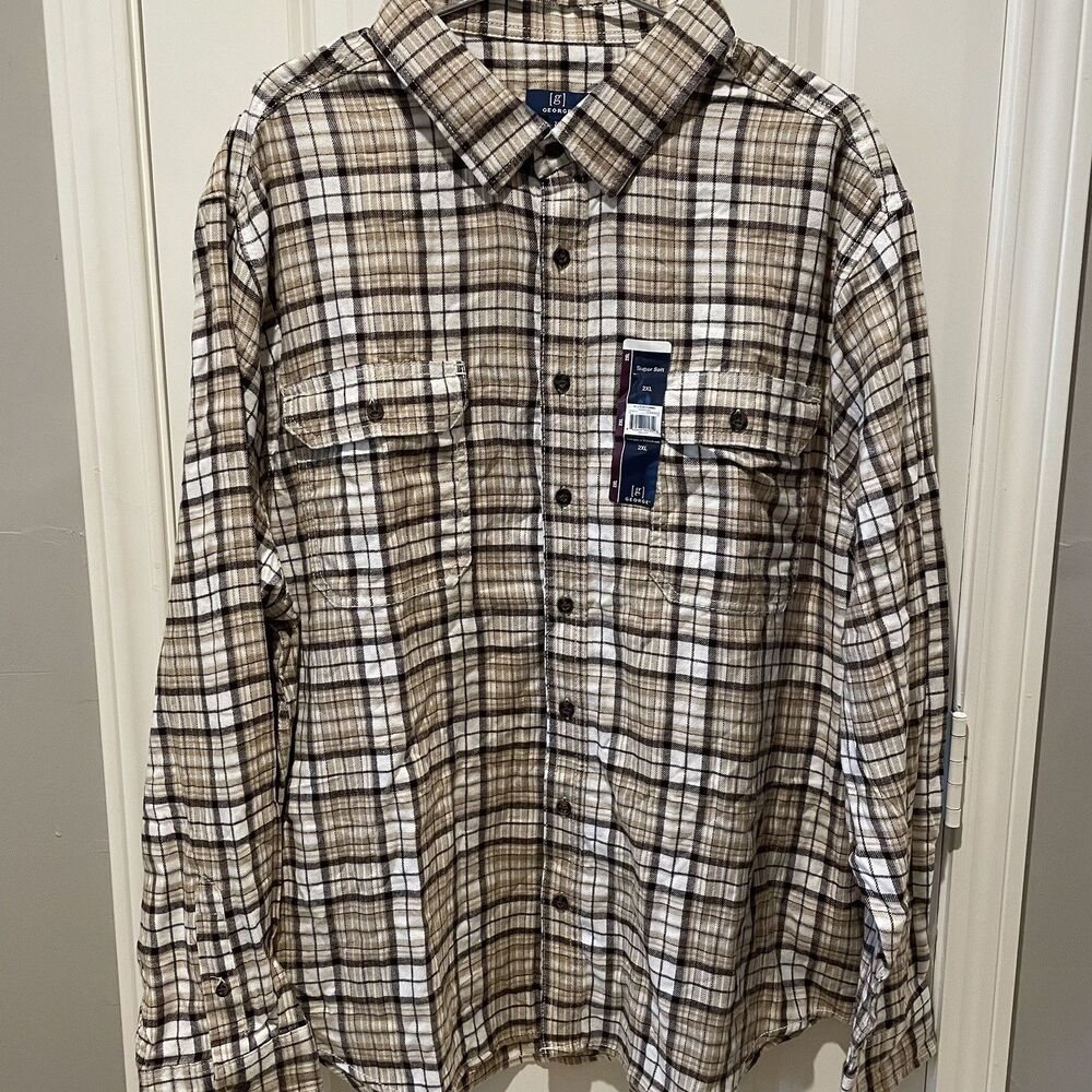 New Men’s George Long Sleeve Flannel Shirt Warm Cozy Brown Plaid Size 2XL NWT